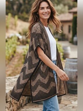 Nic + Zoe tan and black open knit long cardigan size medium oversized